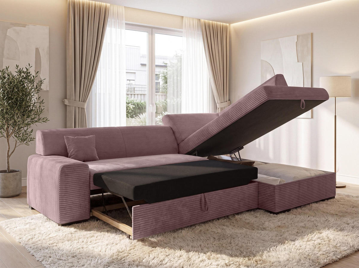 ECKSOFA L Form Minosa Rosa 260/175/71 cm Rechts mit Schlaffunktion - Pink/Schwarz, Kunststoff/Textil (175/260cm) - AX Living