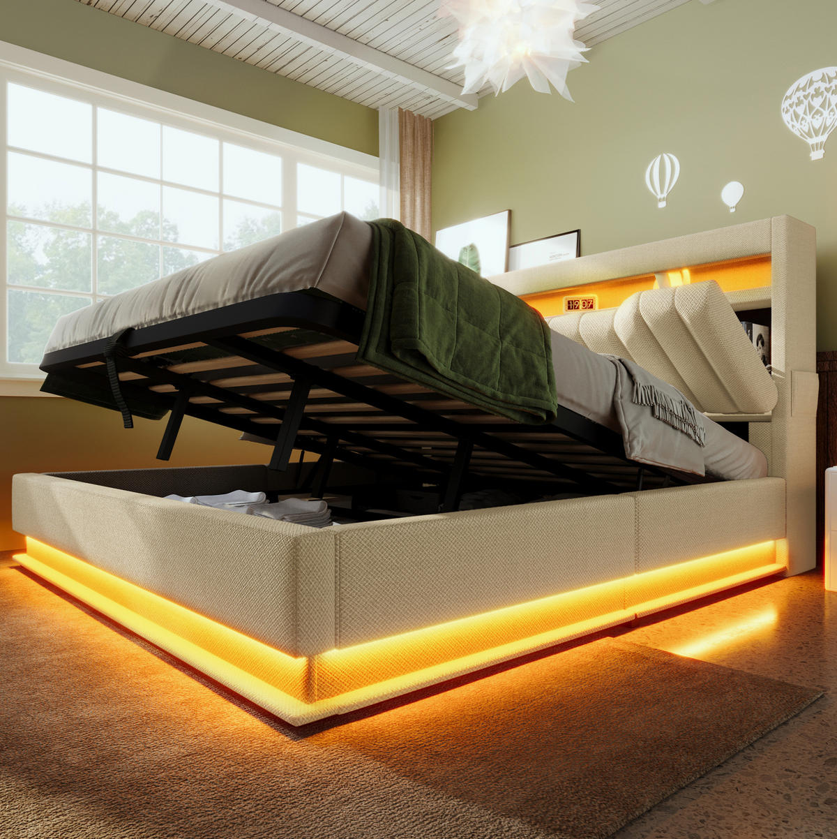 POLSTERBETT aus Leinen 140x190 cm Beige mit LED-Beleuchtung, USB-/Typ-C-Anschlüssen und Bettkasten - Beige, Textil (140/190cm) - IVMEU