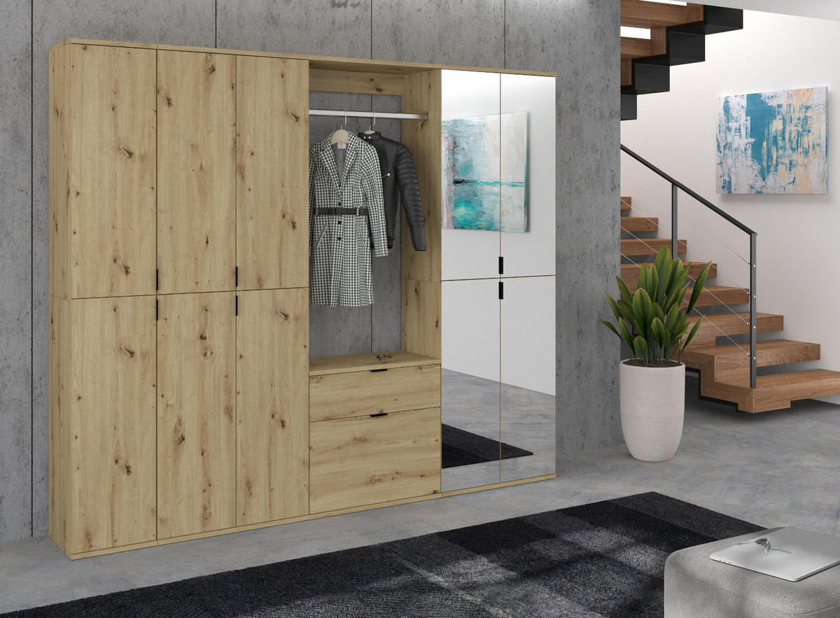 GARDEROBEN-SET Eiche Artisan 213 cm, Komplettset mit 27 Fächern - Schwarz/Eiche Artisan, Glas/Holzwerkstoff (213/193/34cm) - Inn.Furn