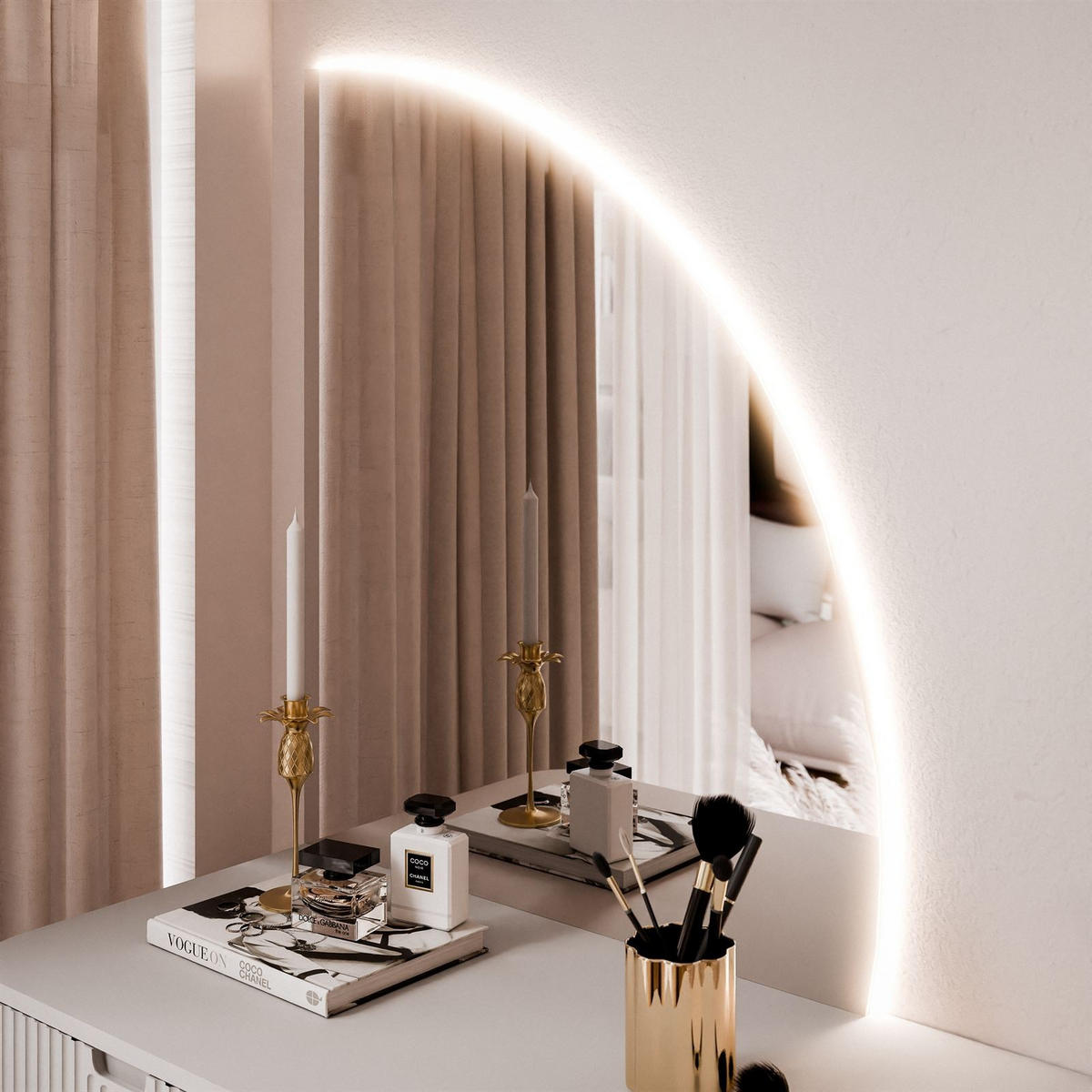 SCHMINKTISCH ZAIRA-QS mit LED Spiegel Rechte Kaschmir - Kaschmir, Holzwerkstoff (103/80/49cm) - Lookway
