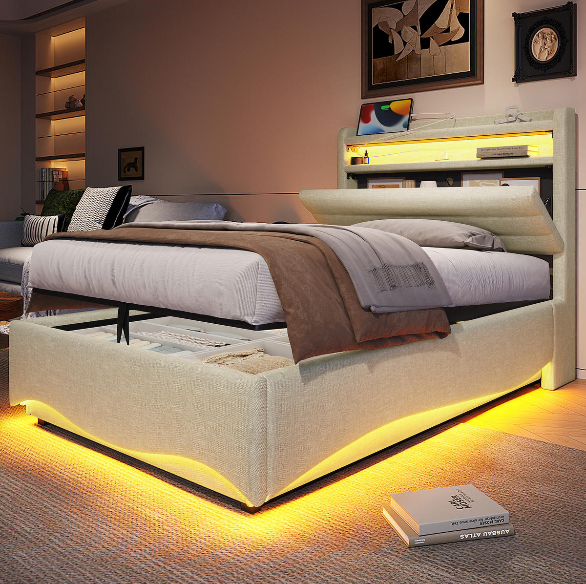 POLSTERBETT 90/200 cm Beige aus Leinen mit LED, USB und Stauraum - Beige, Textil (90/200cm) - OKMYHOME