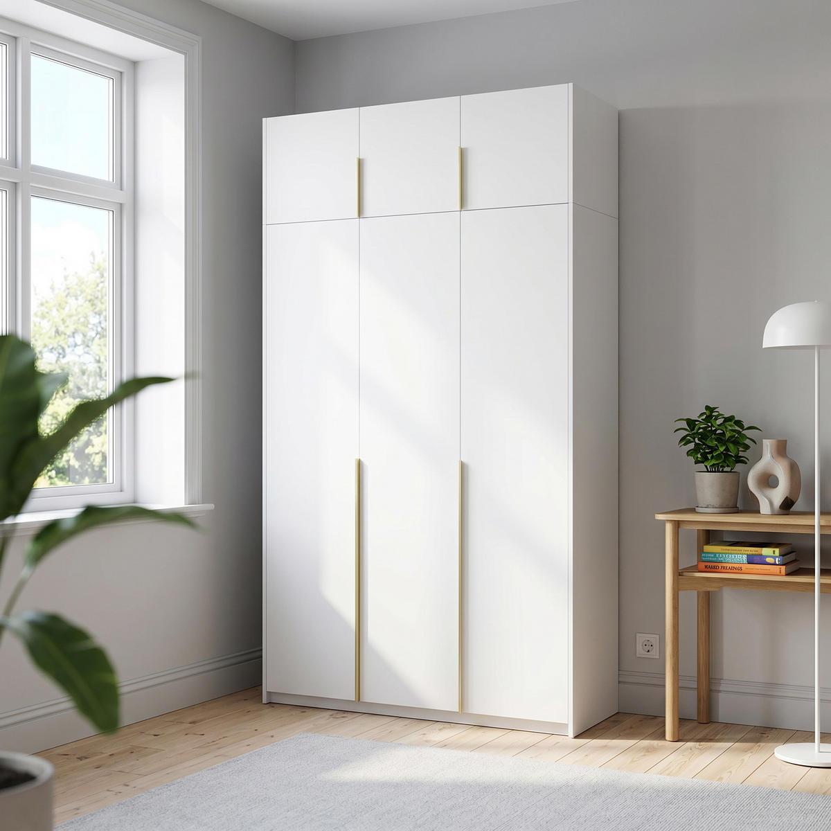 DREHTÜRENSCHRANK AMARA 148/250/58cm 3-türig Weiß - Goldfarben/Weiß, Holzwerkstoff (148/250/58cm) - MASSENO