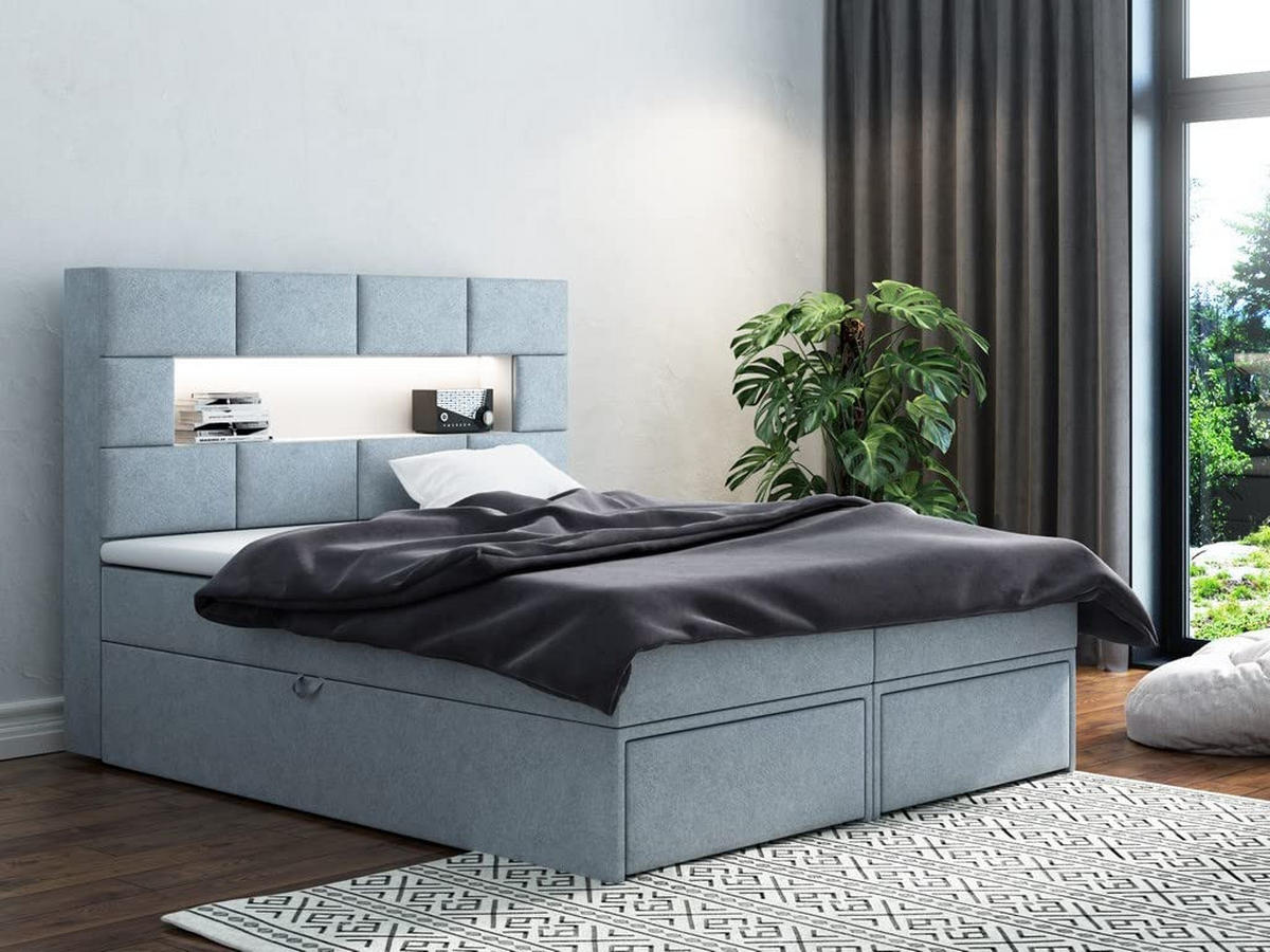 BOXBETT 200 x 200 cm mit Bettkasten und Matratze, LUX, LED Beleuchtung, Bücherregal und 2x USB, Grau - Grau, Holzwerkstoff/Kunststoff (200/200cm) - Trada