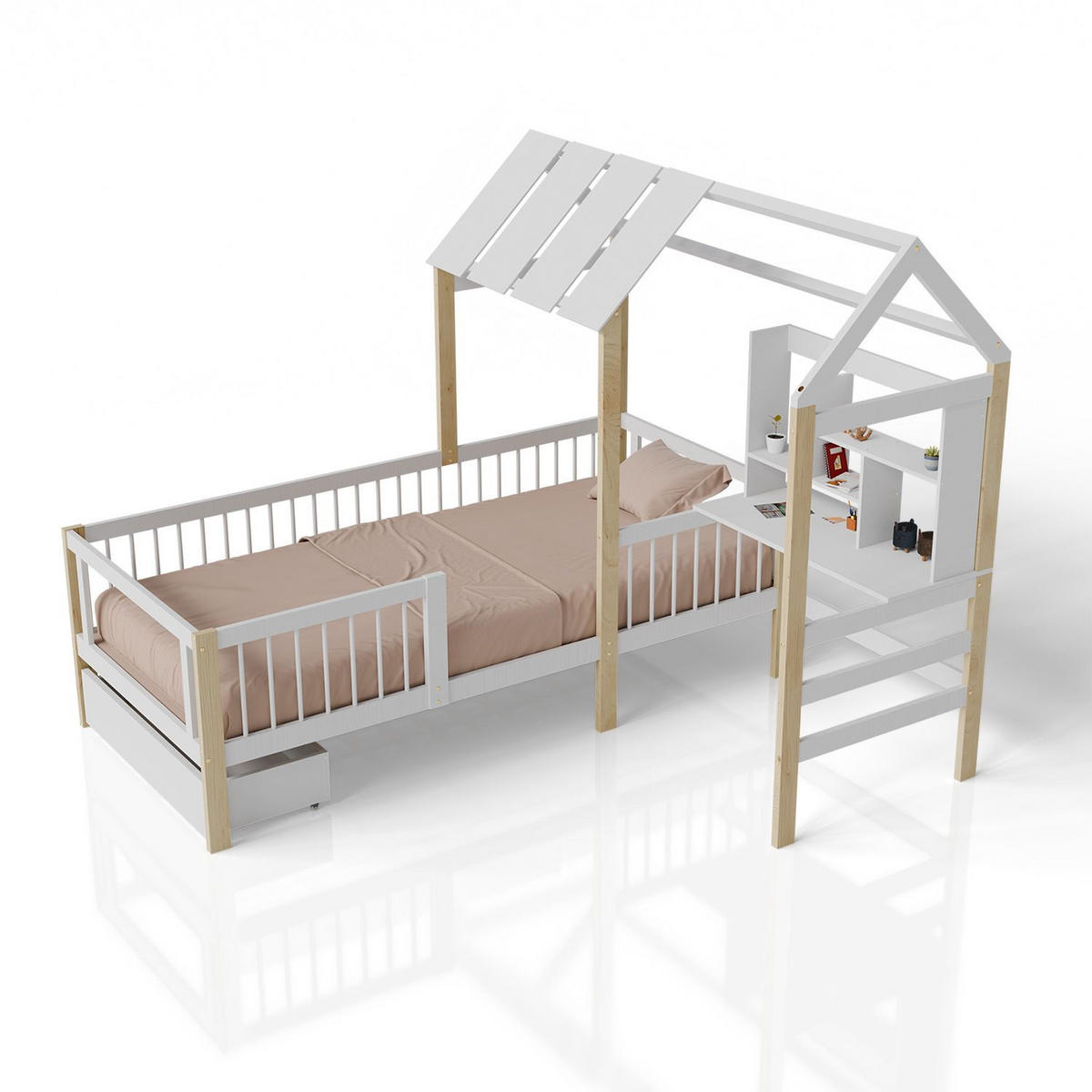 KINDERBETT Yari 90x200 cm Weiß/Natur - Multicolor, Holz (90/200cm) - Juskys