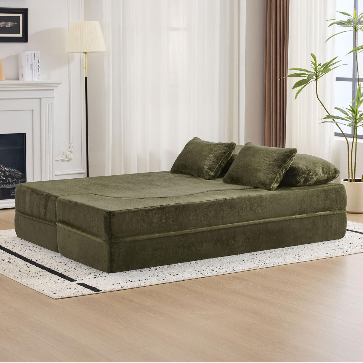 SCHLAFSOFA aus Plüschstoff 2-in-1 mit 4 Kissen, faltbar und multifunktional, Grün - Grün, Kunststoff (198/76/60cm) - Redom