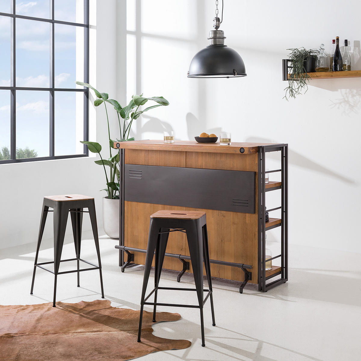 BAR - Akazie teilmassiv / Metall - Braun, Holz (140/105/52cm) - home24