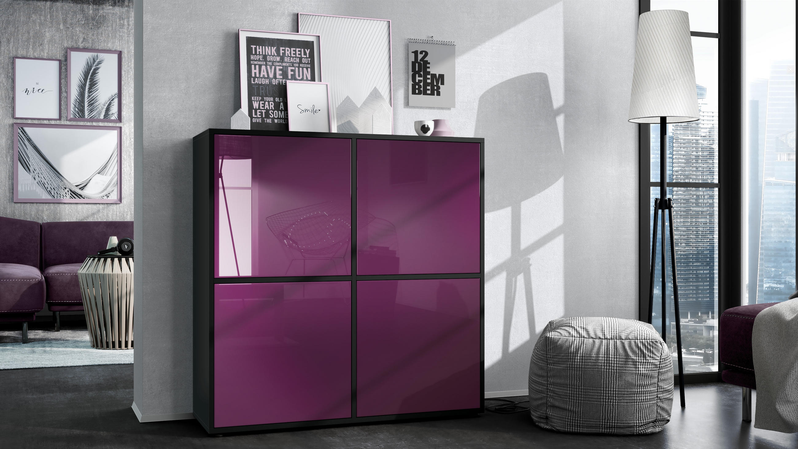 HIGHBOARD Cuba Türen in Brombeer Hochglanz - Brombeere, Holzwerkstoff (104/105.5/35.5cm) - Vladon