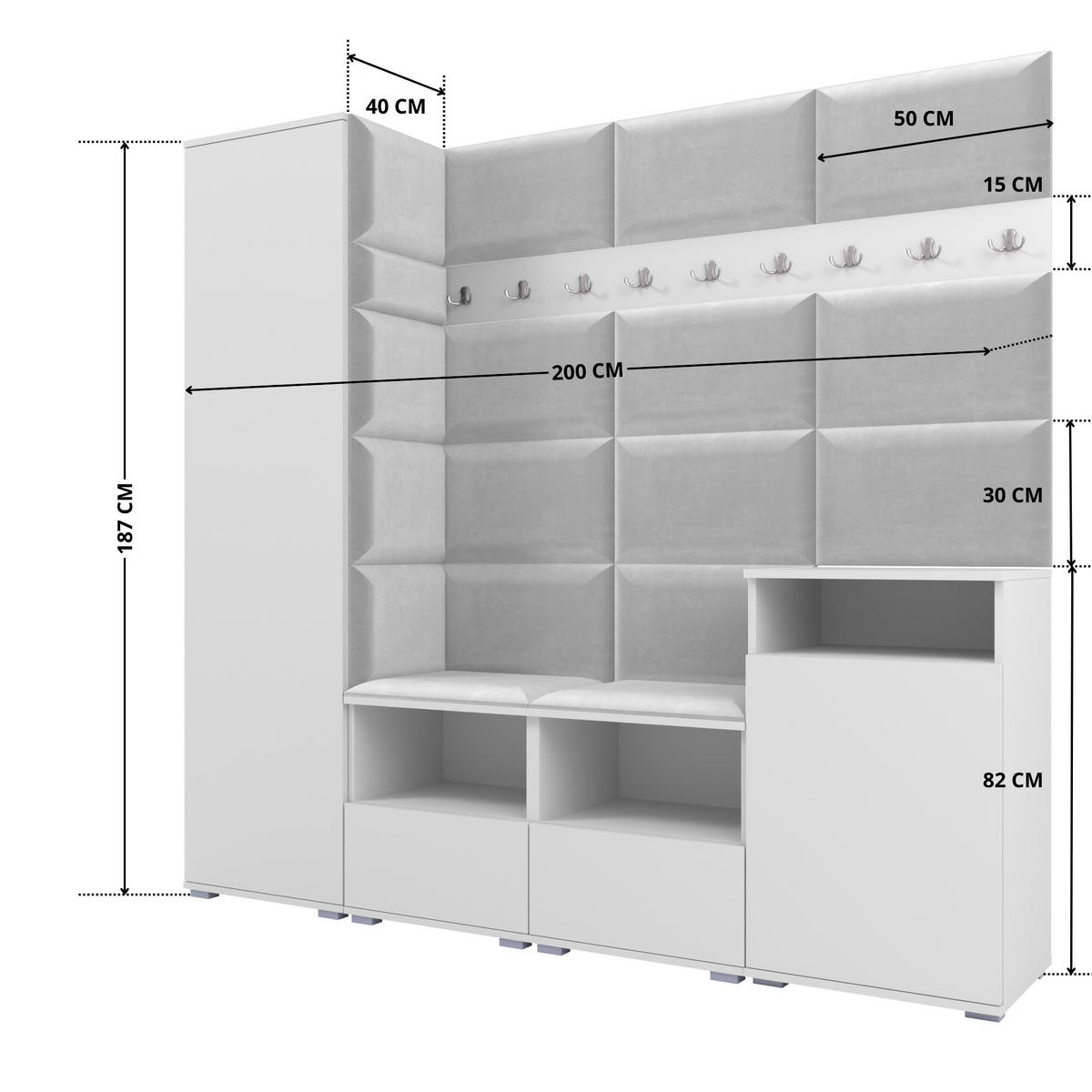 GARDEROBE NELA X 200 cm (Modulare Flurmöbel Weiß mit Sitzpolster Hellgrau 32 Schrank + Sideboard) - Silberfarben/Hellgrau, Holz/Holzwerkstoff (200/187/40cm) - Ravio