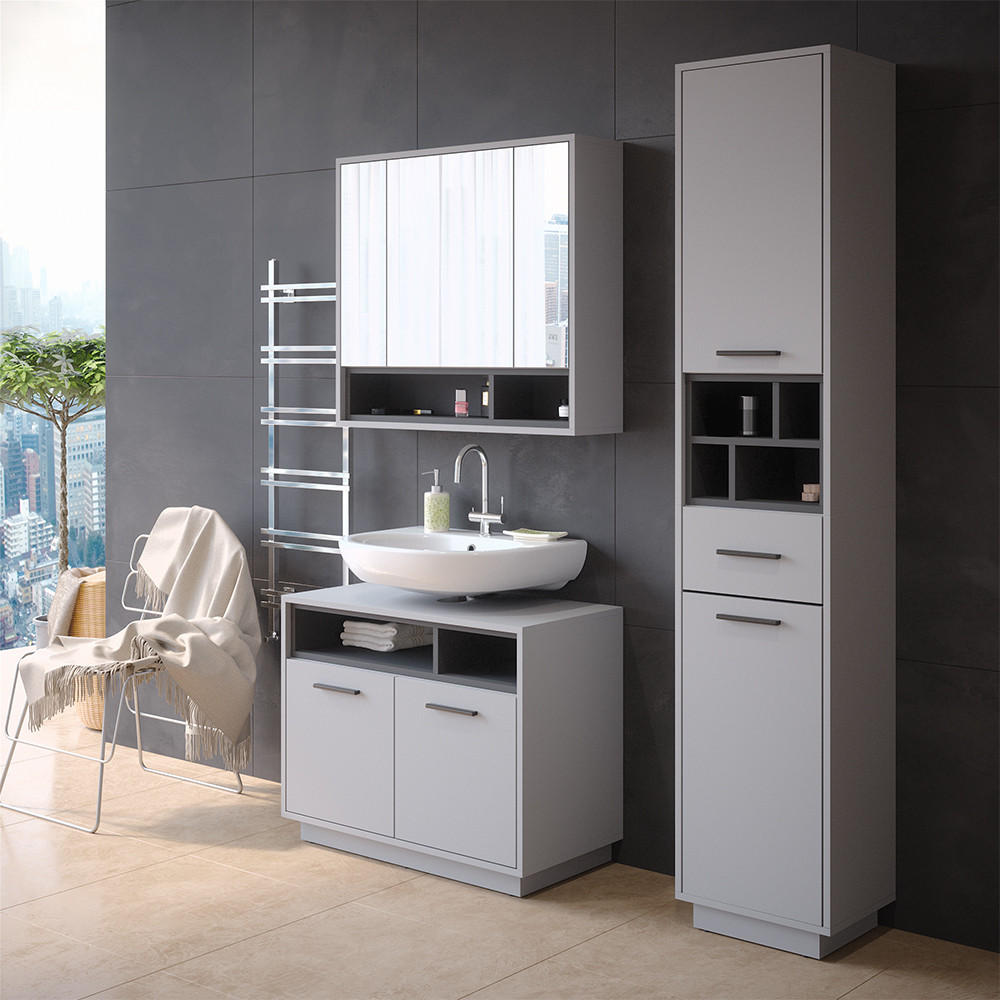 BADSCHRANK Beatrice Grau/Anthrazit 38 x 190 cm mit Türen, Schubladen und Fächern - Anthrazit/Grau, Holzwerkstoff (38/190/30cm) - Vicco