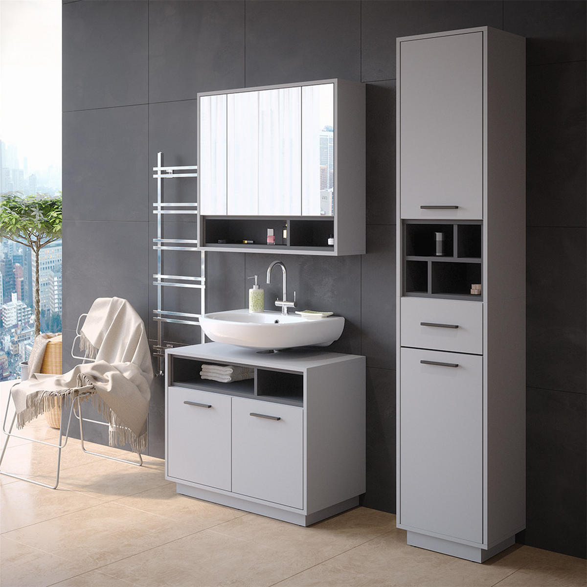 BADSCHRANK Beatrice Grau/Anthrazit 38 x 190 cm mit Türen, Schubladen und Fächern - Grau, Holzwerkstoff (38/190/30cm) - Vicco