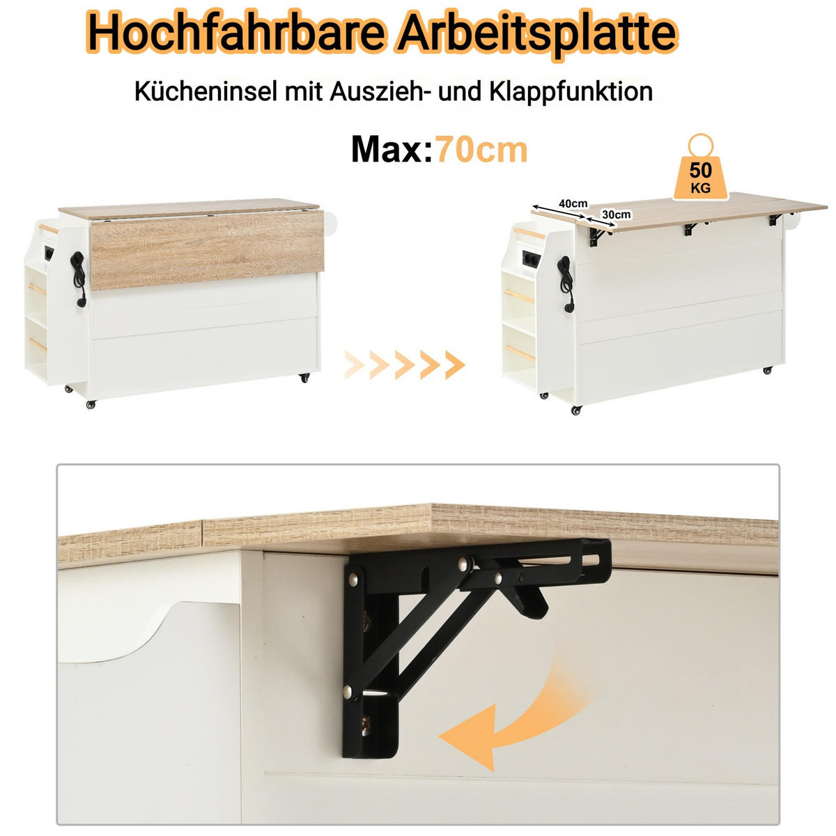 KÜCHENINSEL mit Auszugsplatte und Stauraum White - Weiß, Holz (40/90/120cm) - Beauniv