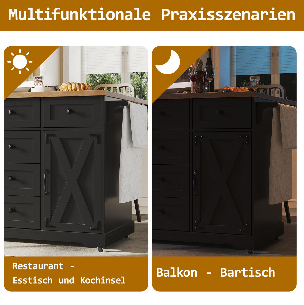 KÜCHENINSEL aus MDF und Metall 147x44x93 cm Schwarz klappbar, ausziehbar mit Stauraum - Schwarz, Holzwerkstoff (147/93/44cm) - Modfu