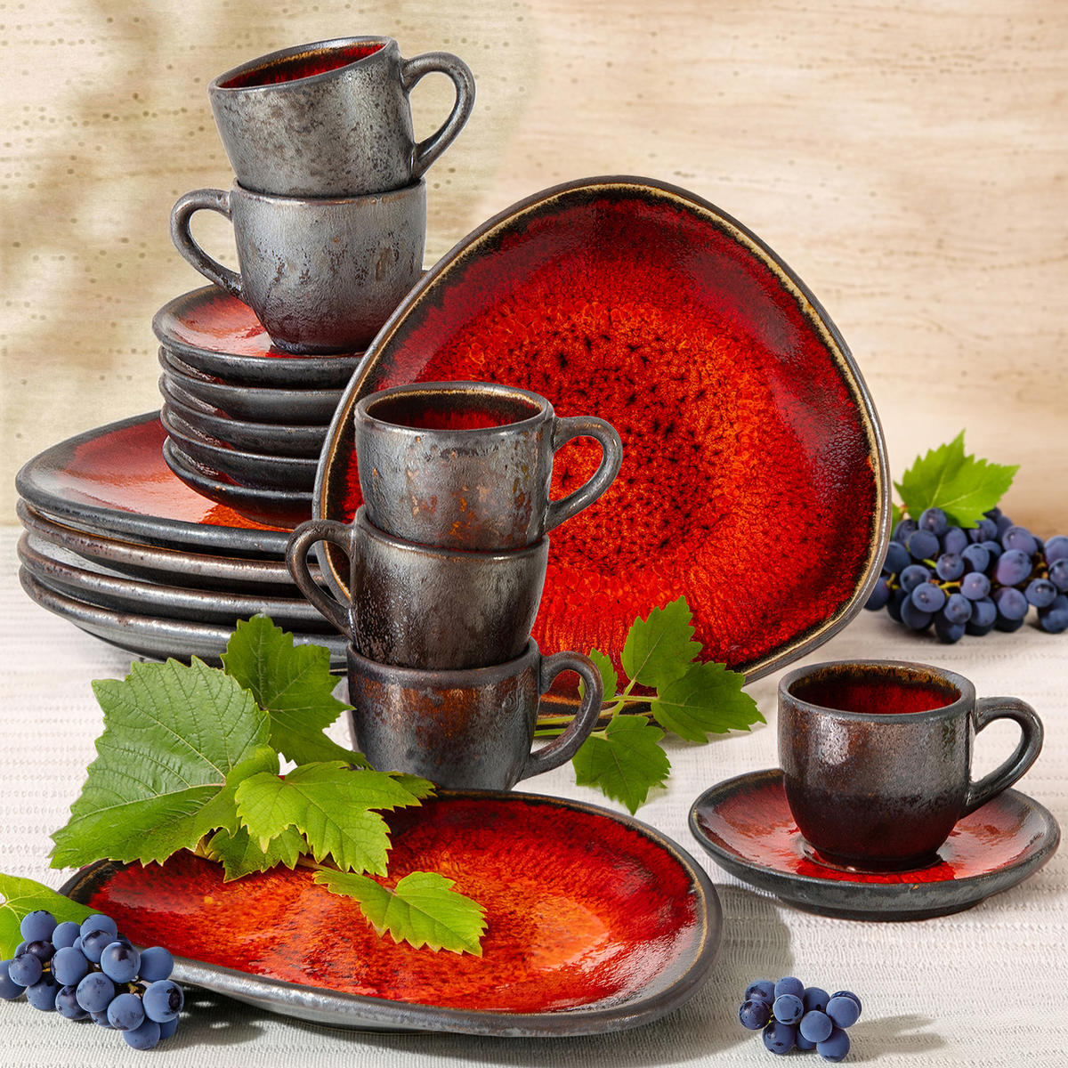 GESCHIRRSET PRIMA, 6-Personen, 18-tlg, Rot - Rot, Keramik (19.5/2.5/17.5cm) - KONSIMO®