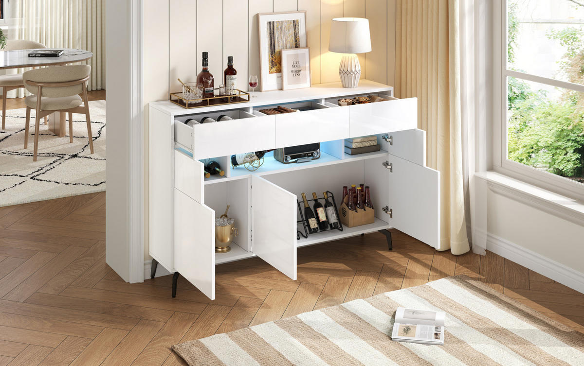SIDEBOARD 140/30/82 cm aus MDF mit LED-Beleuchtung und Hochglanzfronten Weiß - Weiß, Holzwerkstoff (140/94/30cm) - Modenvie