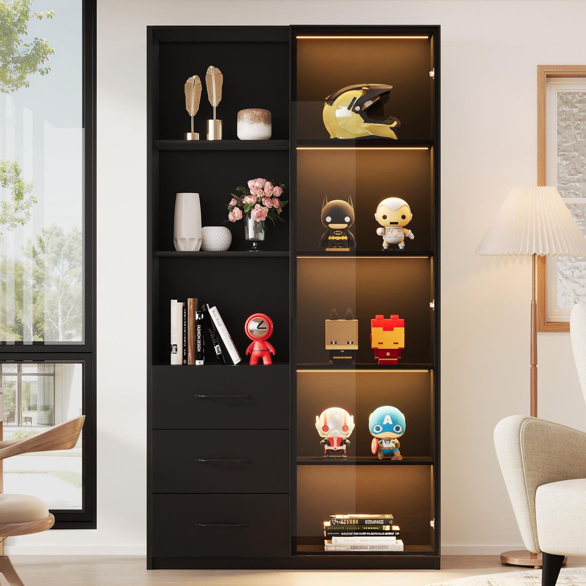 VITRINE 80cm Glas LED 3 Schubladen 3 Fächer modern - Schwarz, Holzwerkstoff (80/160/40cm) - FLIEKS