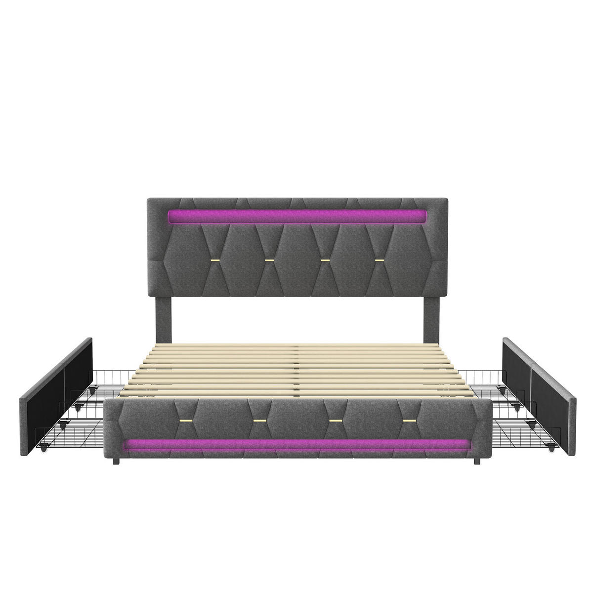 POLSTERBETT 140x200 cm, Grau, mit 4 Schubladen, LED-Beleuchtung - Grau, Textil/Metall (140/200cm)