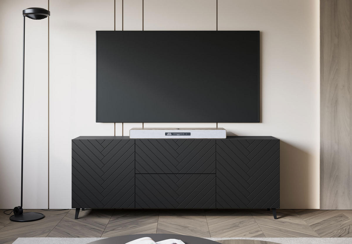 KOMMODE Phuket Graphit Schwarz / Fischgrätenmuster 180 / 39 / 69cm - Graphitfarben/Schwarz, Holz/Holzwerkstoff (180/69/39cm) - Feldmann-Wohnen