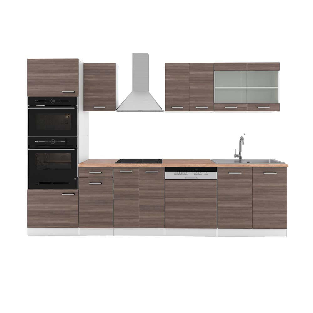 KÜCHENZEILE R-Line Edelgrau/Weiß 300 cm mit Hochschrank, AP Eiche - Braun/Weiß, Holzwerkstoff (300/81.6/60cm) - Vicco