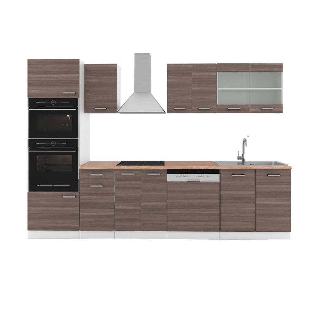 KÜCHENZEILE R-Line Edelgrau/Weiß 300 cm mit Hochschrank, AP Eiche - Braun/Weiß, Holzwerkstoff (300/81.6/60cm) - Vicco