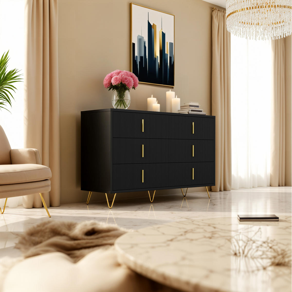 SIDEBOARD schwarz gold 120cm 6 schubladen modern - Schwarz, Holzwerkstoff (120/77/40cm) - Urban Meuble