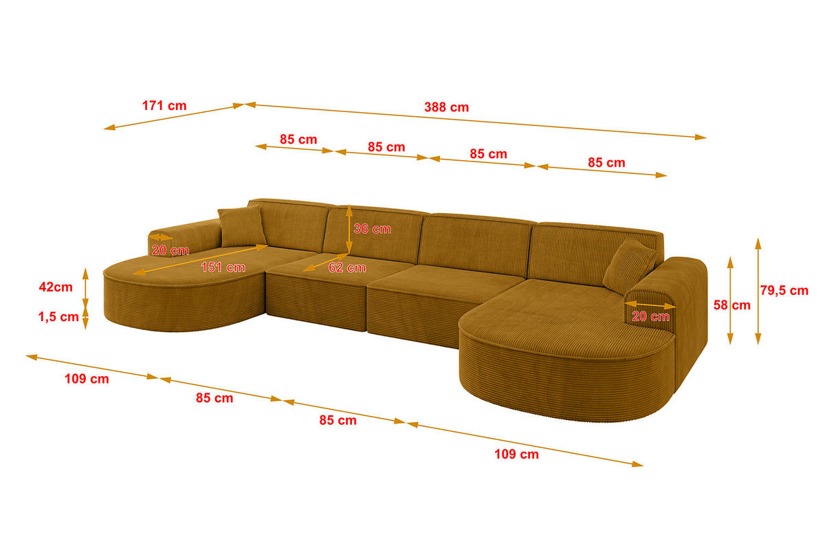 WOHNLANDSCHAFT MARI-U2 - 388x171x79 cm Senfgelb Cord - Gelb/Schwarz, Holzwerkstoff/Kunststoff (388/79/171cm) - ALTDECOR