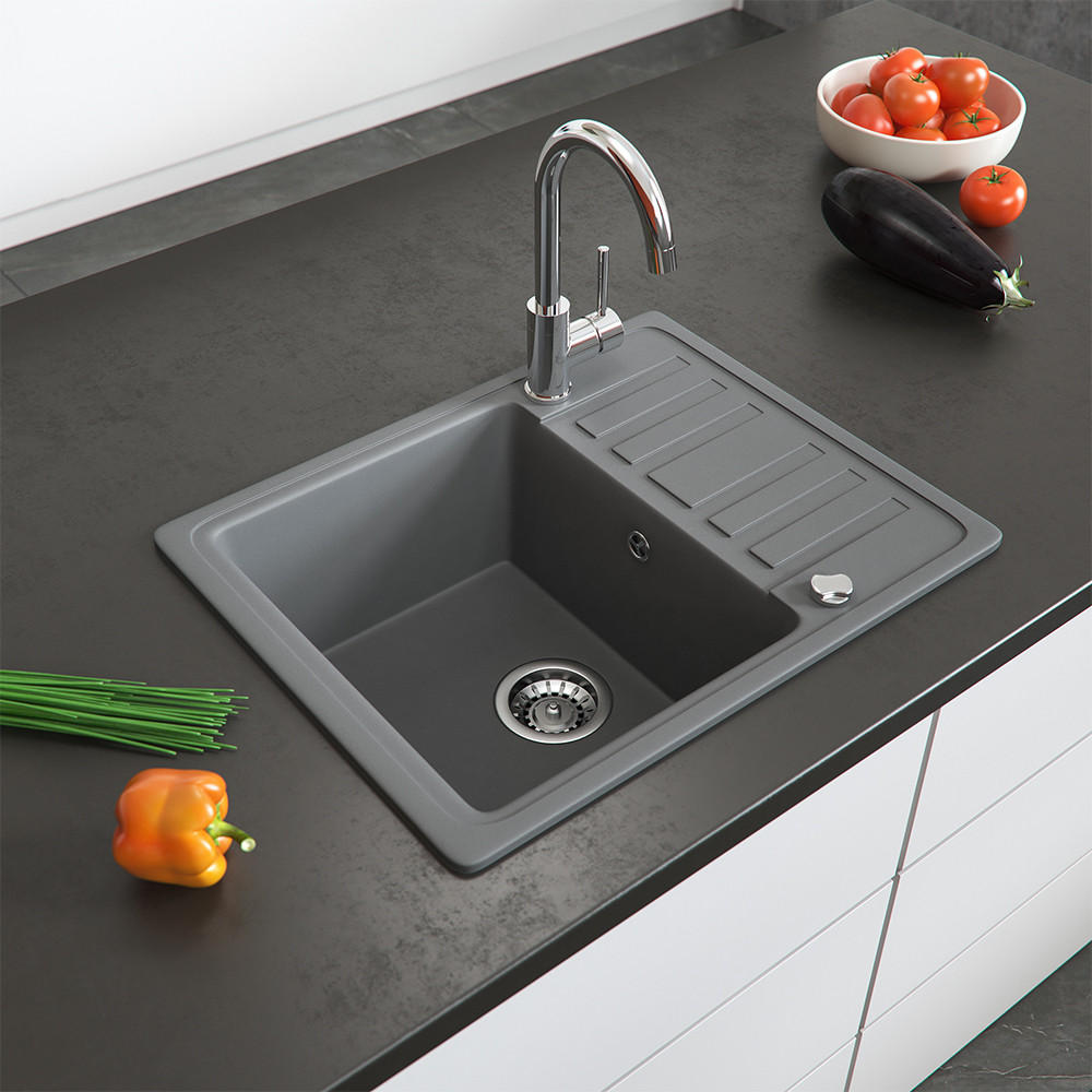 SPÜLBECKEN Grau 57.5 x 46 cm mit Trockenplatz - Dunkelgrau, Keramik (57.5/19/46cm) - Bergstroem