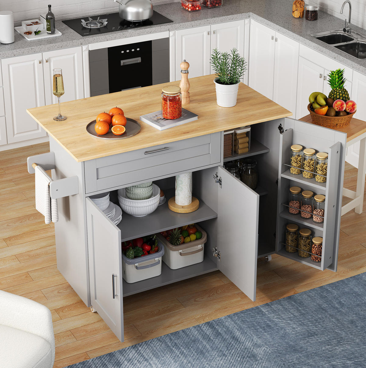 KUCHYŇSKÝ ostrůvek 132,5/44(70)/90 cm s klopnou pracovní deskou, úložným prostorem a 5 kolečky, Šedá - šedá, kompozitní dřevo (132.5/90/70cm) - Redom