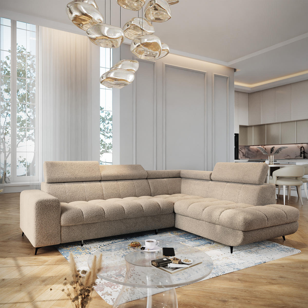 ECKSOFA MORIVA Q R-S Beige Boucle-Stoff mit Schlaffunktion - Beige, Holzwerkstoff/Textil (253/190cm) - MASSENO