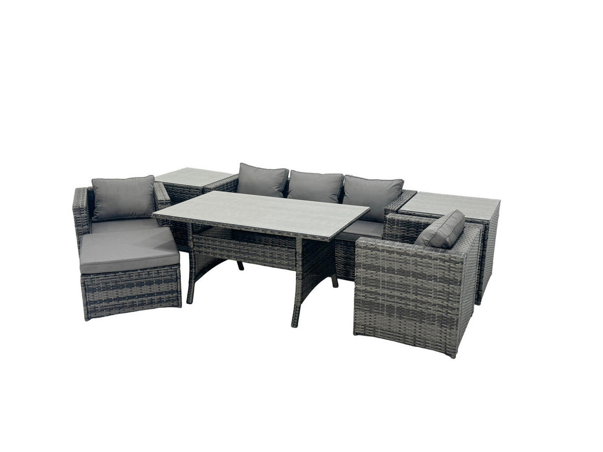 LOUNGEGARNITUR mit Stuhl Polyrattan Dunkelgrau 6-Sitzer - Dunkelgrau/Grau, Glas/Kunststoff - Fimous