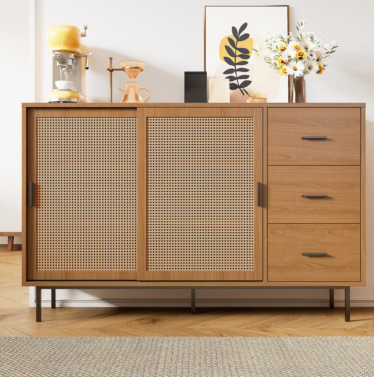 SIDEBOARD aus Spanplatte 140x37x91 cm Natur mit 2 Schiebetüren, 3 Schubladen und verstellbaren Einlegeböden - Naturfarben, Holzwerkstoff (140/91/37cm) - Modfu