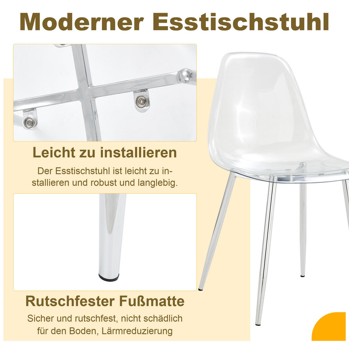 STUHL-SET DE-36594 4 Stück mit transparenter Sitzschale Silber - Silberfarben, Metall (45.7/83/44cm) - ComfortXL