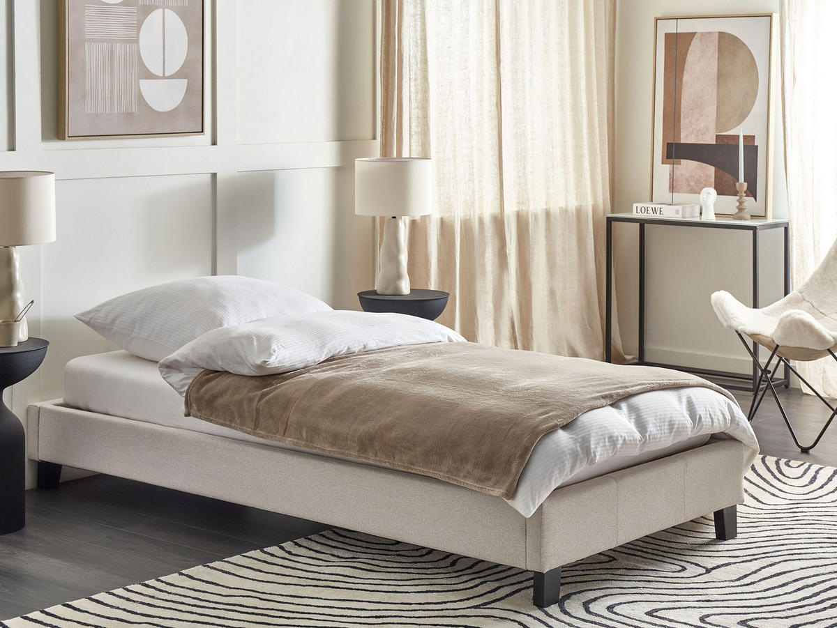 POLSTERBETT Beige-Dunkler Holzfarbton 90-200 cm Roanne - Beige/Dunkelbraun, Textil (90/200cm) - Beliani