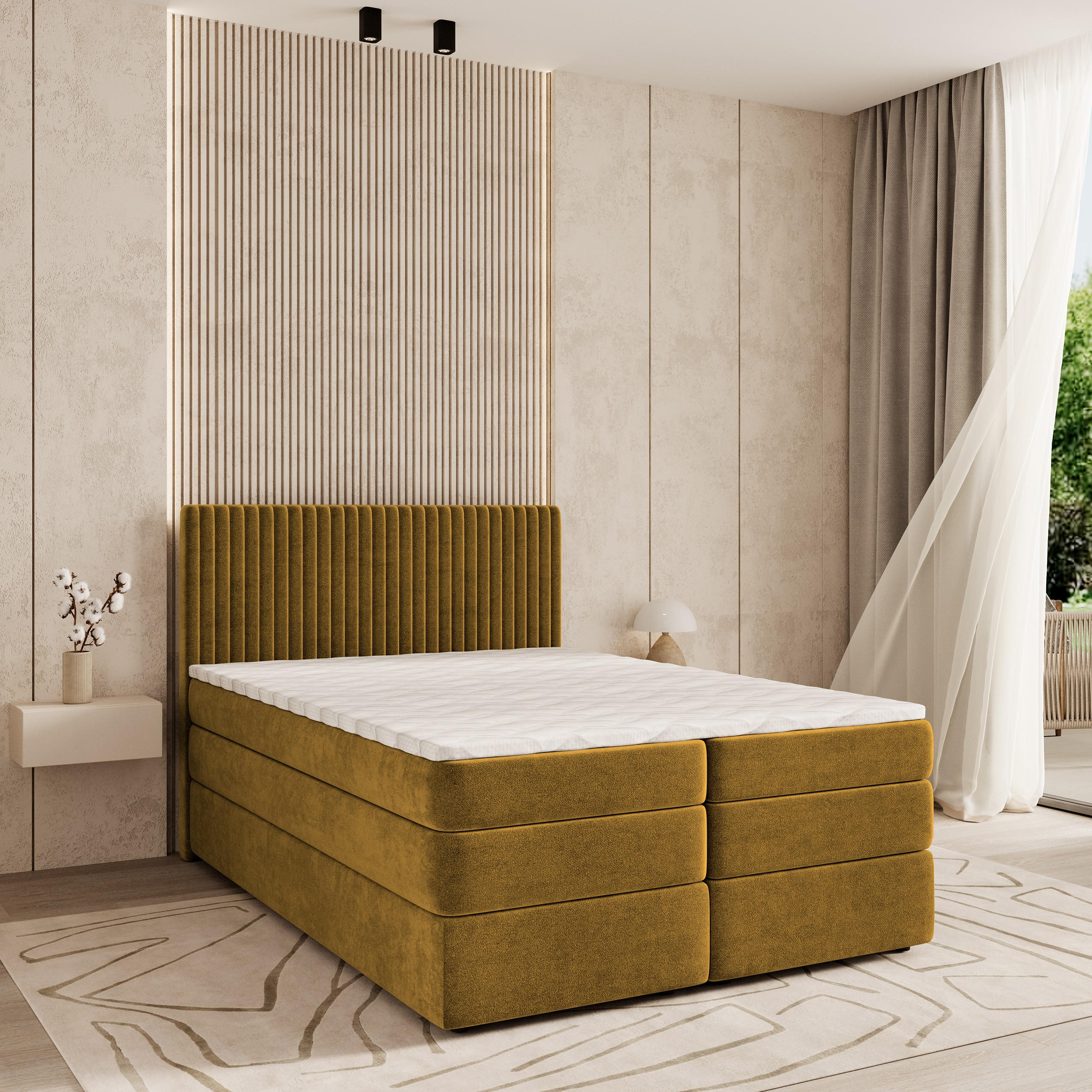 BOXSPRINGBETT FELBIO 140x200 cm mit Matratze und Topper - Gelb - Gelb, Holz (140/200cm) - MASSENO