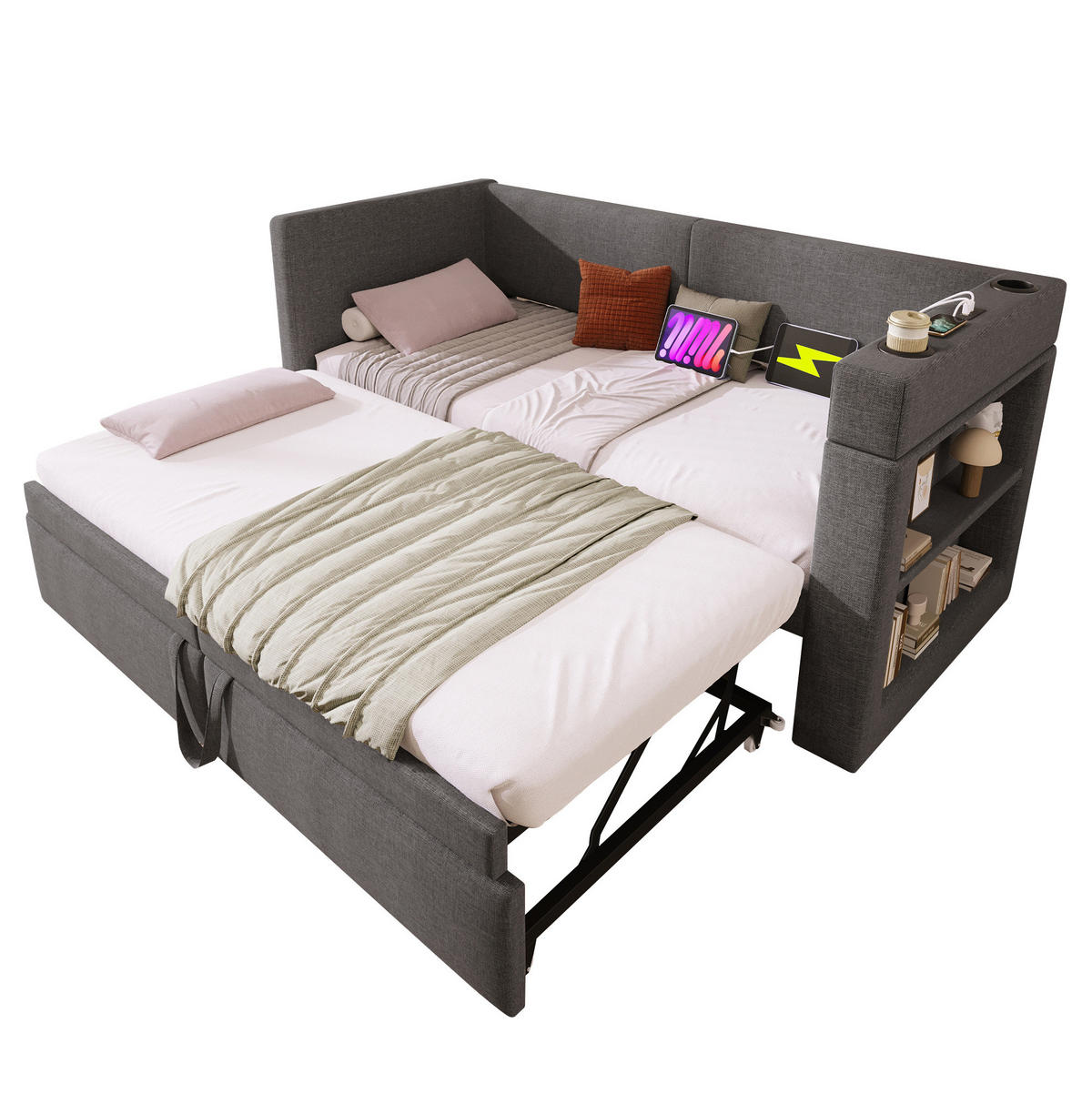 AUSZIEHBETT 90/180x200 cm Grau mit USB- und Type-C-Anschlüssen - Grau, Textil (90/200cm) - Flora Grace