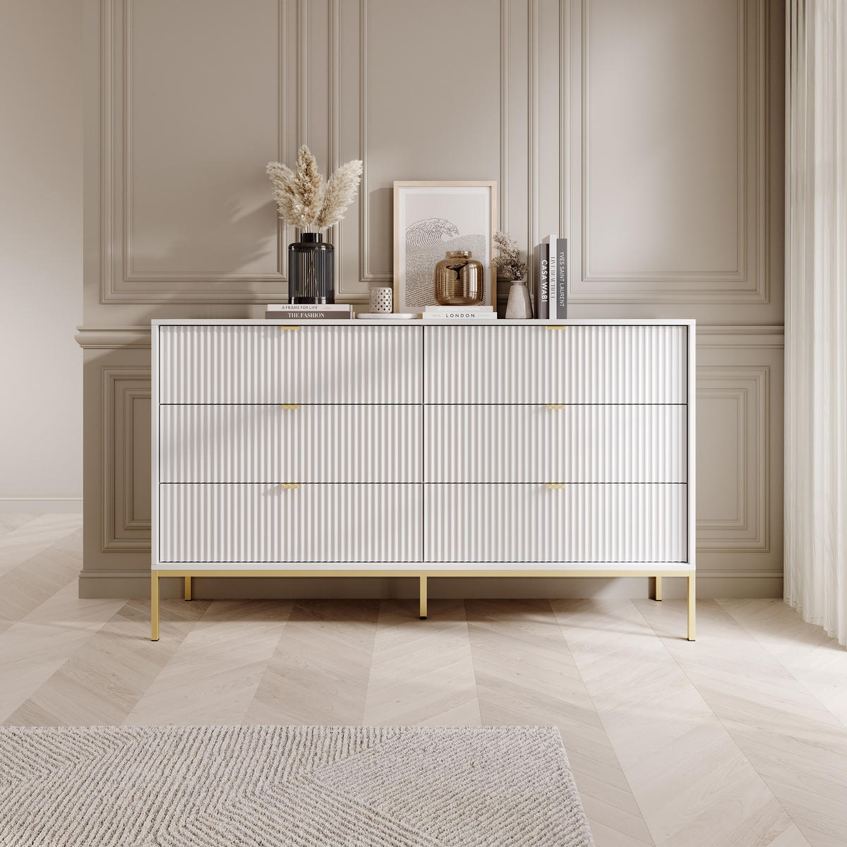 SIDEBOARD STELLARE 154/91/39 cm mit 6 Schubladen Weiß - Goldfarben/Weiß, Holzwerkstoff (154/91/39cm) - MASSENO