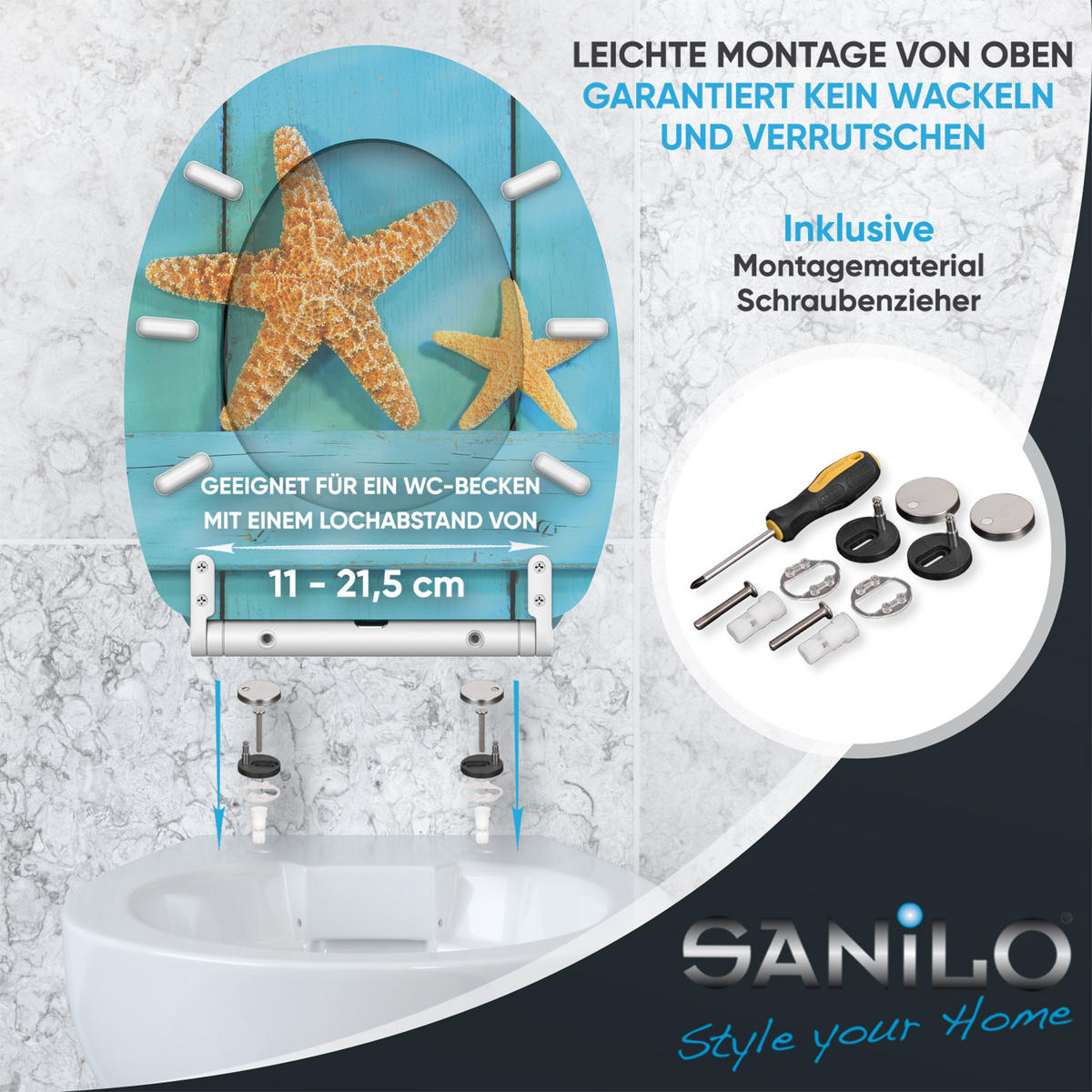 WC-SITZ mit Absenkautomatik & Top Fix Starfish - Türkis, Holzwerkstoff (37.7/5.5/48cm) - Sanilo