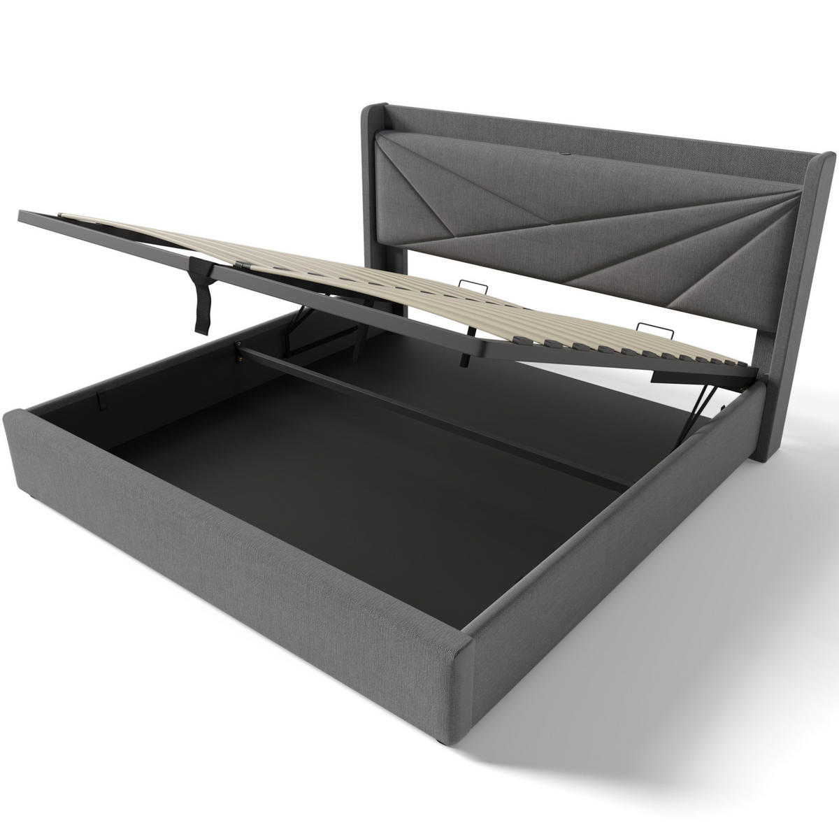 POLSTERBETT 180/200 cm grau aus Baumwolle, Leinen und Metall mit Bettkasten und Ladefunktion - Grau, Textil (180/200cm) - OKMYHOME
