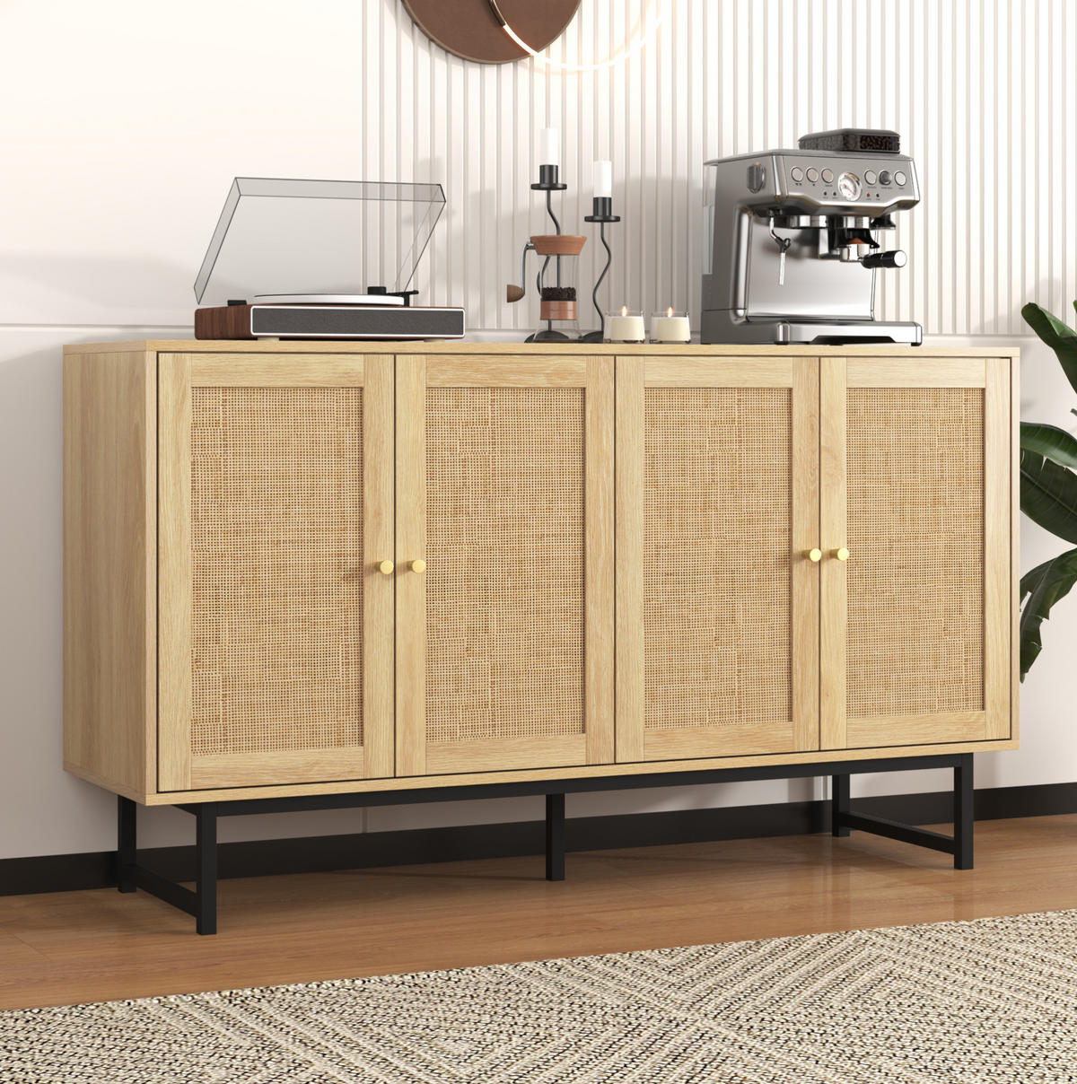 SIDEBOARD 140/39,5/80 cm mit 4 Türen, Rattangeflecht & viel Stauraum - Naturfarben, Holzwerkstoff (140/80/39.5cm) - BEAOK