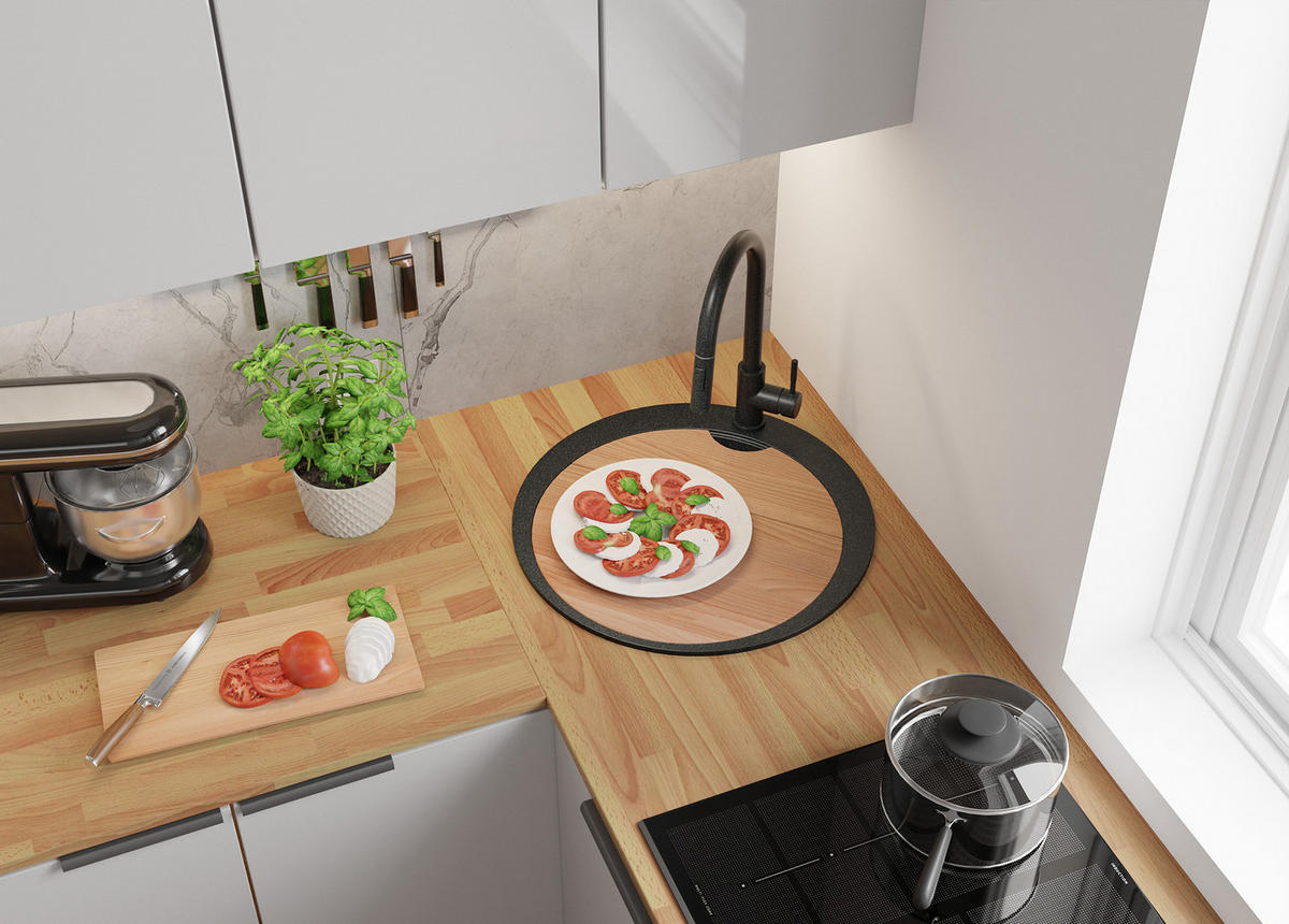 SPÜLBECKEN RUND Pisa Max, 2-er set Anthrazit 53/53 cm 1 Becken + Ablauf-Set + Schneidebrett ab 50er Unterschrank - Chromfarben/Anthrazit, Kunststoff (53/20/53cm) - Primagran