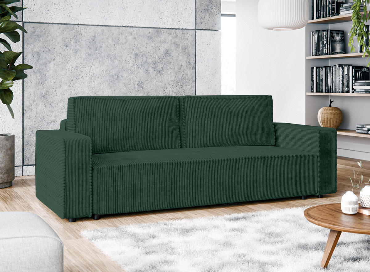 BIGSOFA Aydin Sofa Grün 238/94/85 cm Cord mit Schlaffunktion Bettkasten - Dunkelgrün/Schwarz, Kunststoff/Textil (238/85/94cm) - AX Living