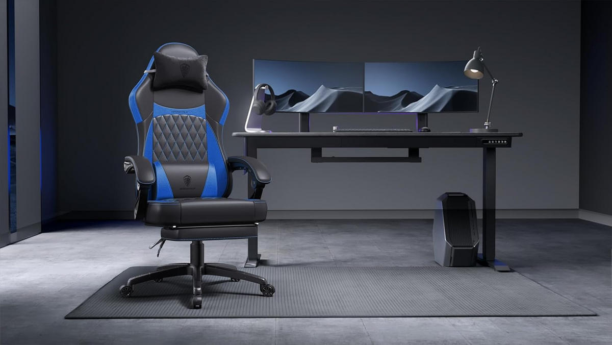 GAMING-STUHL ergonomischer & 150 kg Tragfähigkeit, Fußstütze, PU-Leder - Blau, Leder (65/127/63cm)