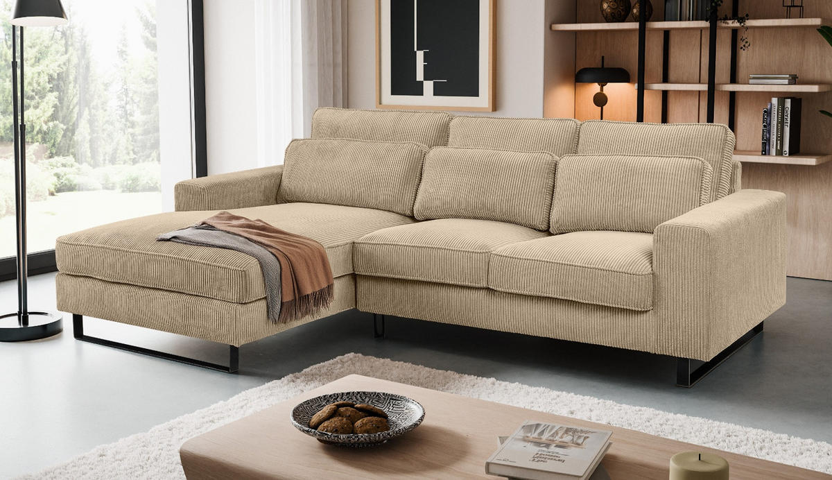 SOFA beige Cord 276 cm, Ecksofa 4-Sitzer, L-Sofa Ottomane links - Beige/Schwarz, Holz/Textil (276/183cm) - Inn.Furn