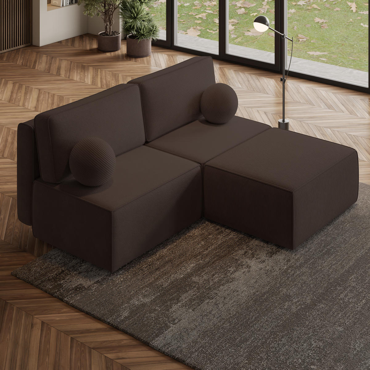 ECKSOFA VARNA P Braun Kordstoff mit Schlaffunktion - Braun, Holz (196/158cm) - MASSENO