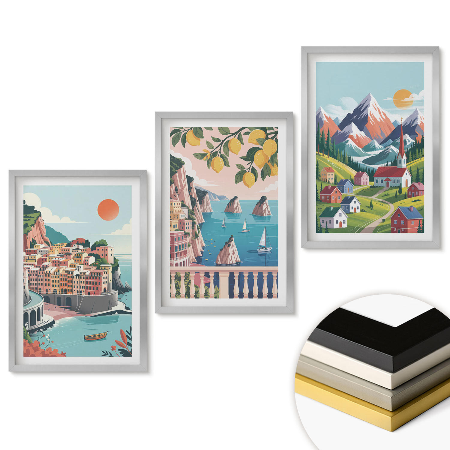 WANDBILDER 3er Set - 40x60 cm Silberner Rahmen - Farbenfrohe Berge und Städte - Silberfarben, Kunststoff (40/60cm) - ArtPrintCave