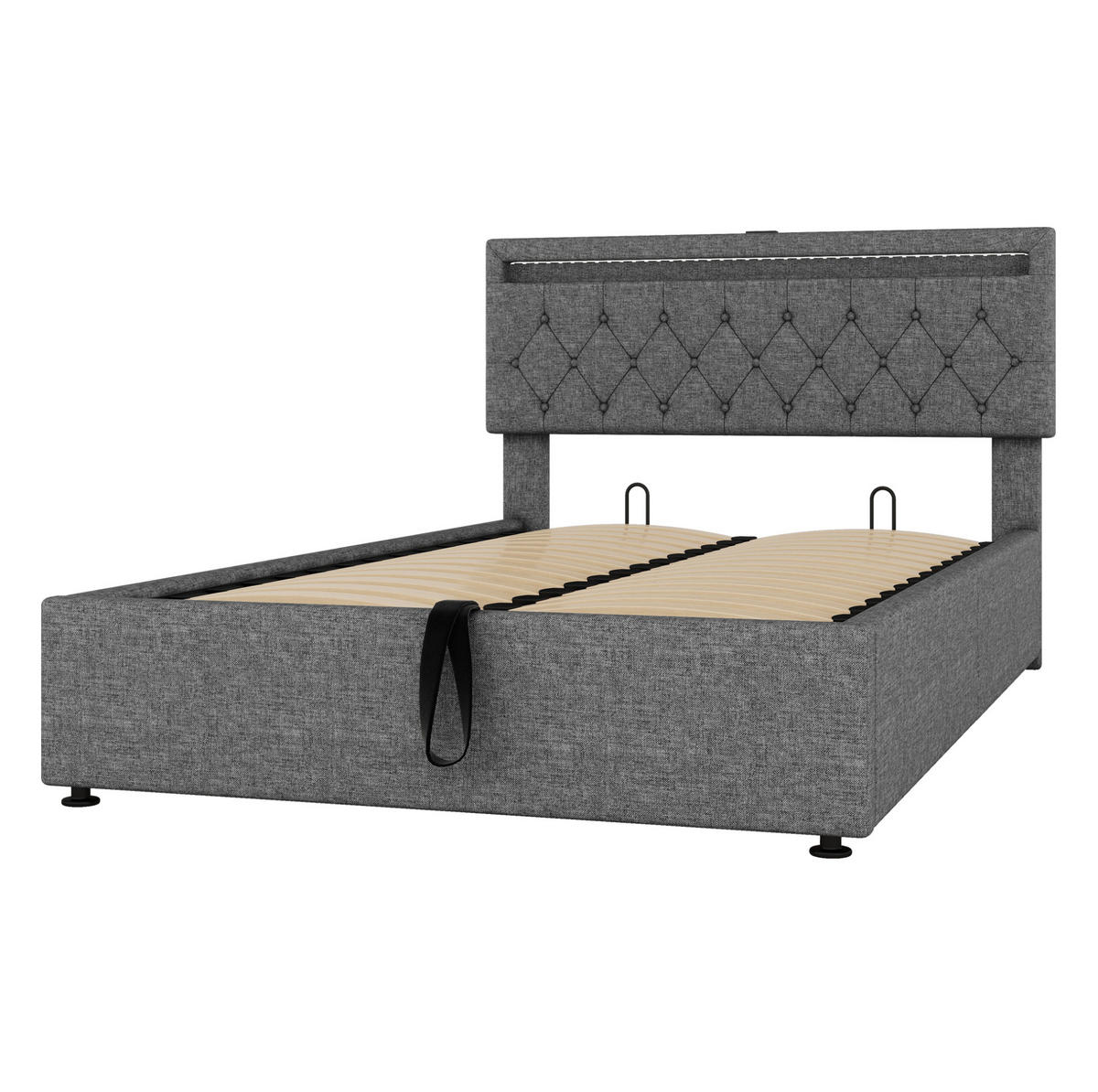 POLSTERBETT mit Stauraum, LED und USB 140x200 cm Leinen Grau - Grau, Metall (140/200cm) - Meubliv