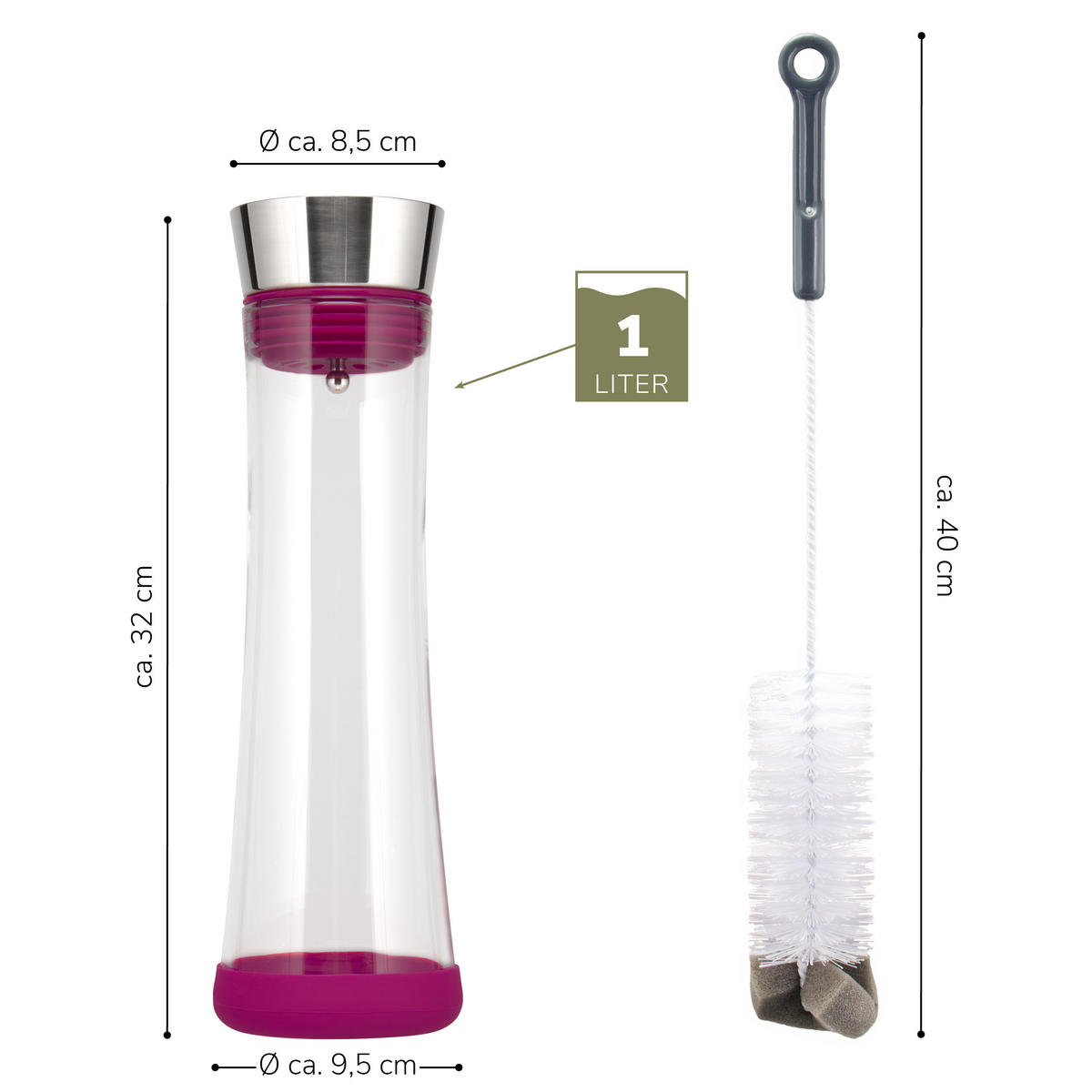 GLASKARAFFE 1 Liter CAROLA, lila, Edelstahl, Silikon - Magenta, Glas (1L) - bremermann