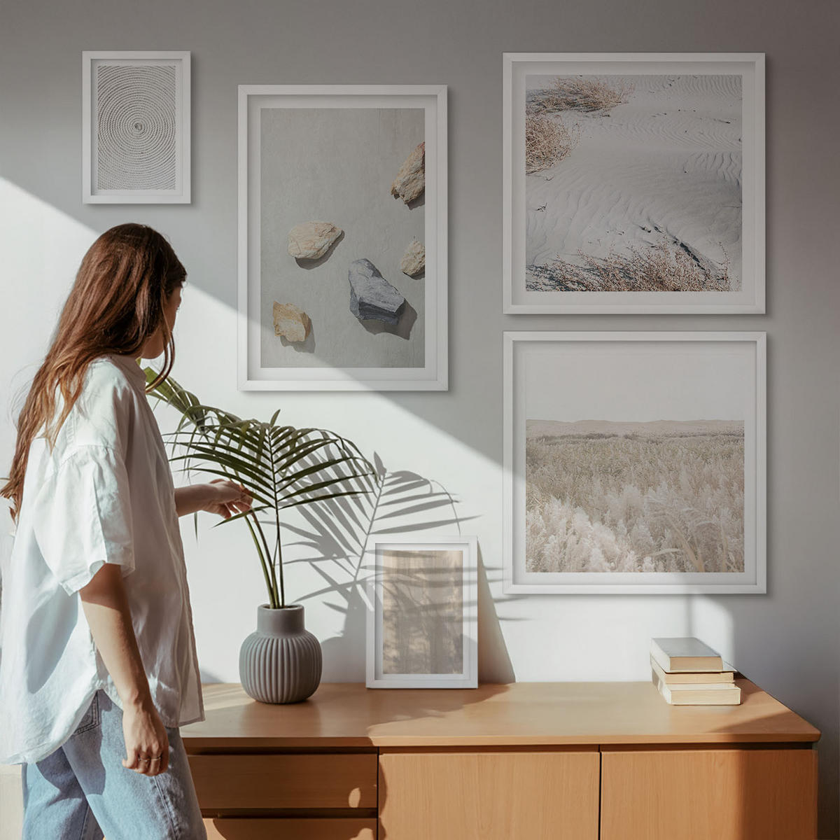 WANDBILDER 5er-Set - 50x50 cm & 20x30 cm & 40x60 cm Weißer Rahmen - Boho-Naturtexturen - Weiß, Kunststoff (40/60cm) - ArtPrintCave