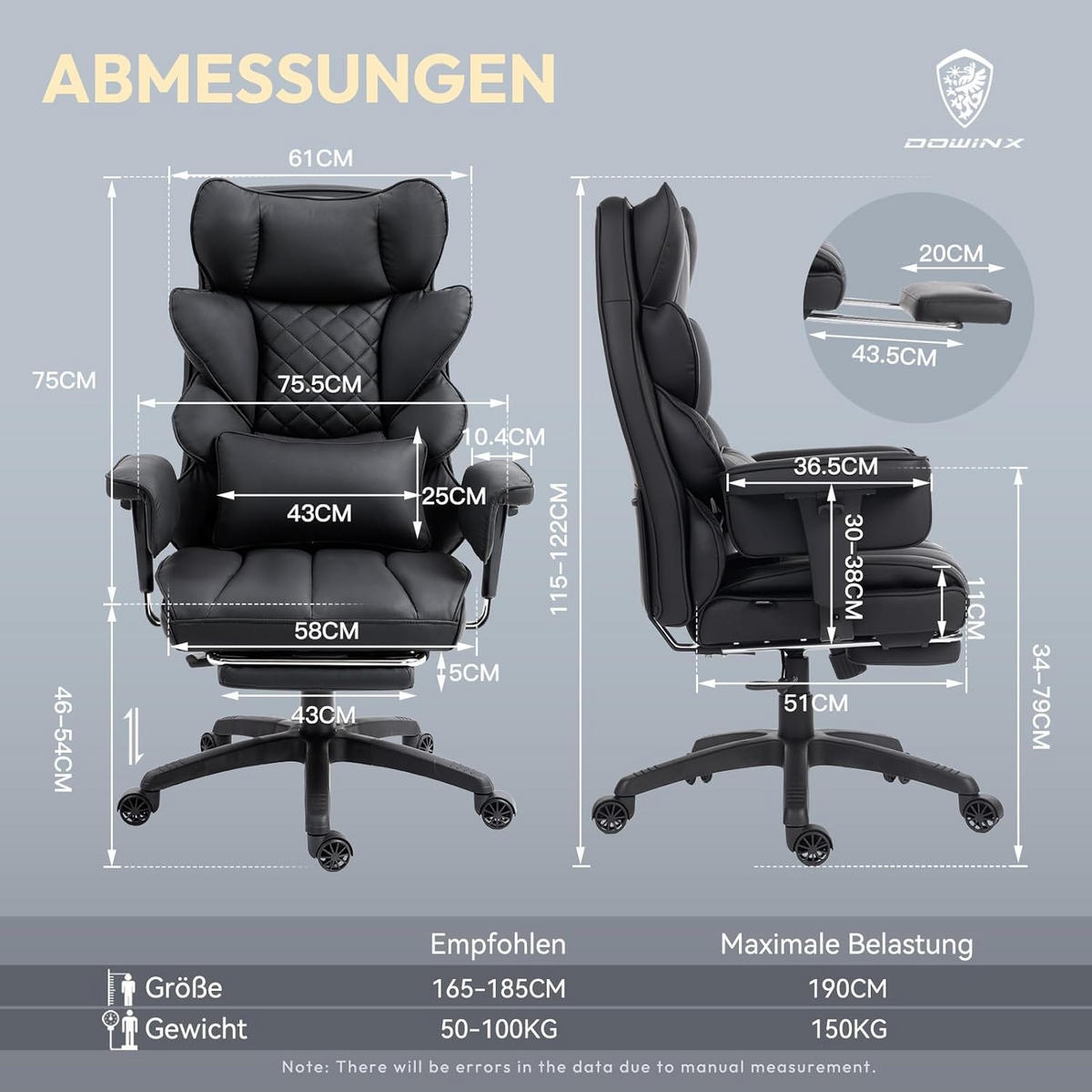 GAMING-STUHL & gefederten Sitzkissen Lendenwirbelstütze und Fußstützen - Schwarz, Leder (76/121/60cm)