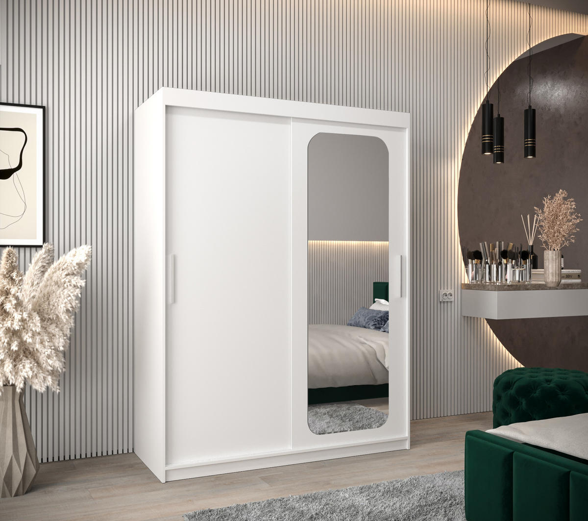 SCHWEBETÜRENSCHRANK 200/150/62 2-türig - Silberfarben/Weiß, Holz/Kunststoff (150/200/62cm) - MÖBEL KRYSPOL