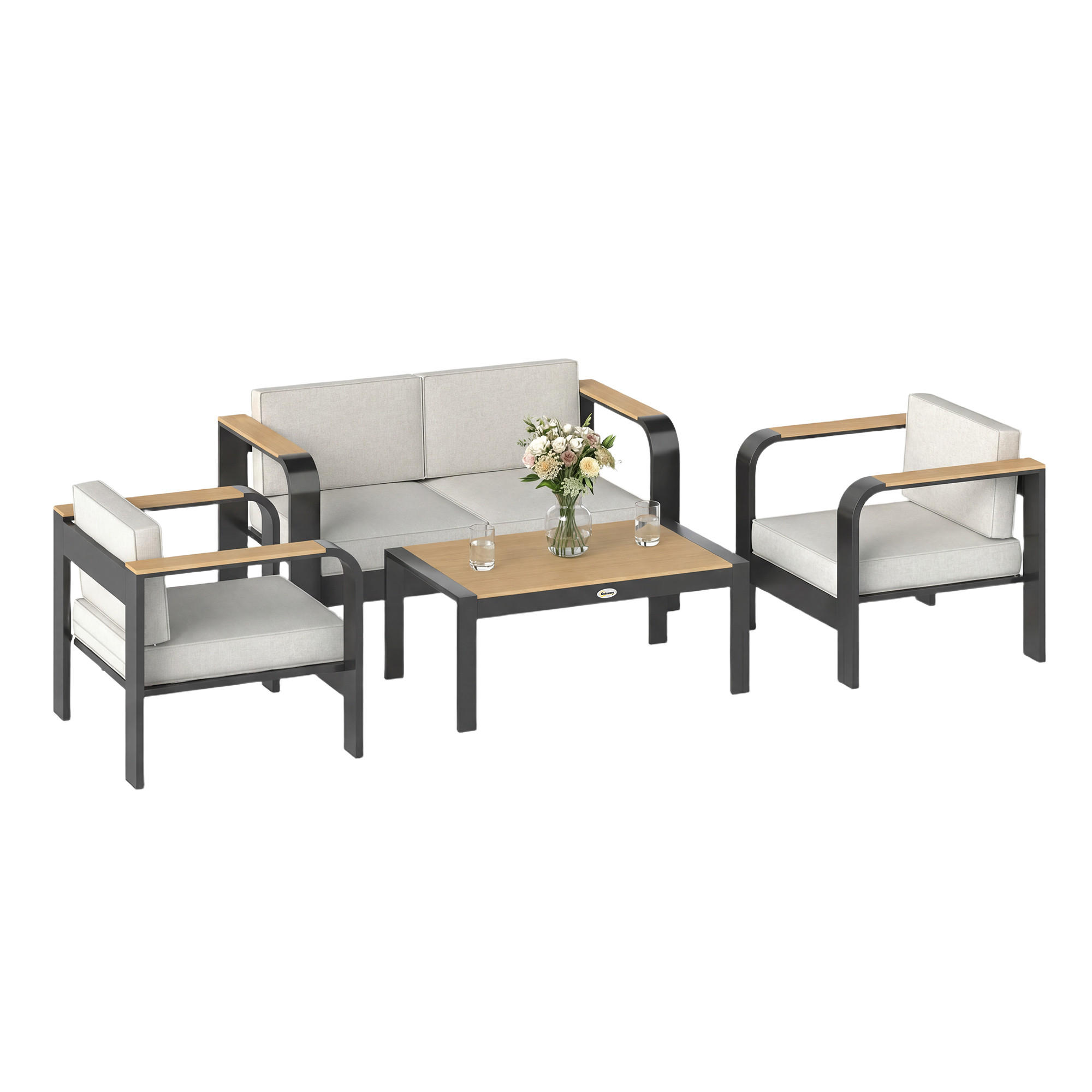 GARTENMÖBEL SET DE-06603, mit 2er Sofa, 2 Sessel, Beistelltisch - Beige, Textil/Metall - ComfortXL